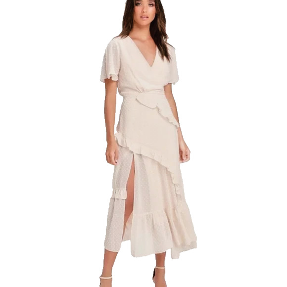 Lulus Next To You Swiss Dot Ruffled Midi Dress Size M Fairy Coquette Asymmetric - Picture 1 of 12